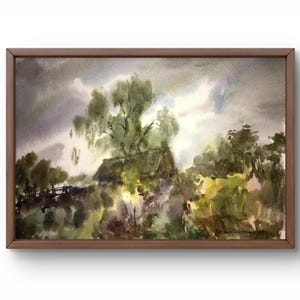 Pintura de acuarela paisaje original, pintura sobre cartón, paisaje forestal, arte hecho a mano, naturaleza, sin marco, paisaje de casa, arte de pared