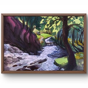 Dipinto ad acquerello paesaggio originale, dipinto su carta, paesaggio fluviale, arte fatta a mano, natura, senza cornice, paesaggio di alberi, arte murale