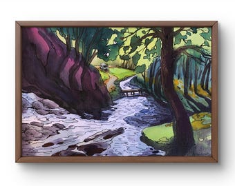 川の風景、風景画、水彩画、風景の風景、川の絵、川、川の反射、水彩画
