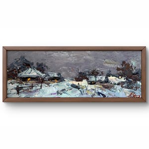 Pintura a óleo paisagem original, pintura em papelão, cenário de inverno, arte artesanal, natureza, sem moldura, paisagem de vila, arte de parede