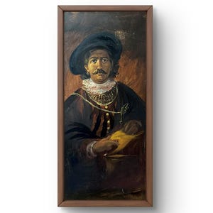 Retrato pintado al óleo original, pintura al óleo, un hombre regio con un bigote prominente que lleva un abrigo, arte hecho a mano, sin marco, arte de pared