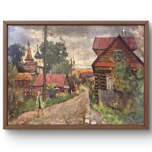 Pintura a óleo paisagem original, pintura a óleo sobre papelão, rua da vila com casas da vila e igreja, arte feita à mão, sem moldura, arte de parede