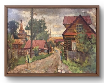 Oil painting landscape original, oil painting on cardboard, village street with village houses and church, handmade art, unframed, wall art