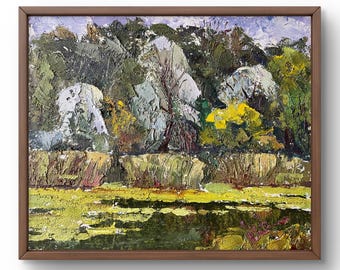 Oil painting landscape original, oil painting, lush river bank with thick green foliage and yellow spots, handmade art, unframed, wall art