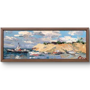 Pintura a óleo paisagem original, pintura em papelão, paisagem marinha, arte artesanal, natureza, sem moldura, paisagem de iate, arte de parede