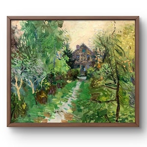 Oil painting landscape original, oil painting on canvas, secluded garden path leading to the house, among lush greenery, handmade art