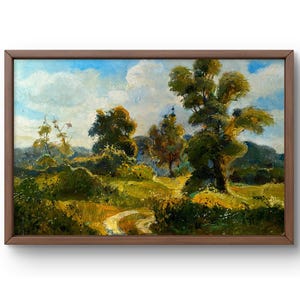 Oil painting landscape original, oil painting on cardboard, summer landscape with greenery, trees and winding path, handmade art, unframed