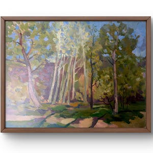 Pintura a óleo paisagem original, pintura a óleo sobre papelão, manhã ensolarada na floresta com árvores graciosas, arte feita à mão, sem moldura