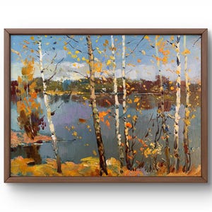 Pintura al óleo paisaje original, pintura sobre cartón, paisaje de río, arte hecho a mano, naturaleza, sin marco, paisaje de otoño, arte de pared