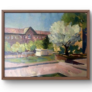 Pintura al óleo paisaje original, pintura sobre cartón, paisaje urbano, arte hecho a mano, naturaleza, sin marco, paisaje de edificios, arte de pared