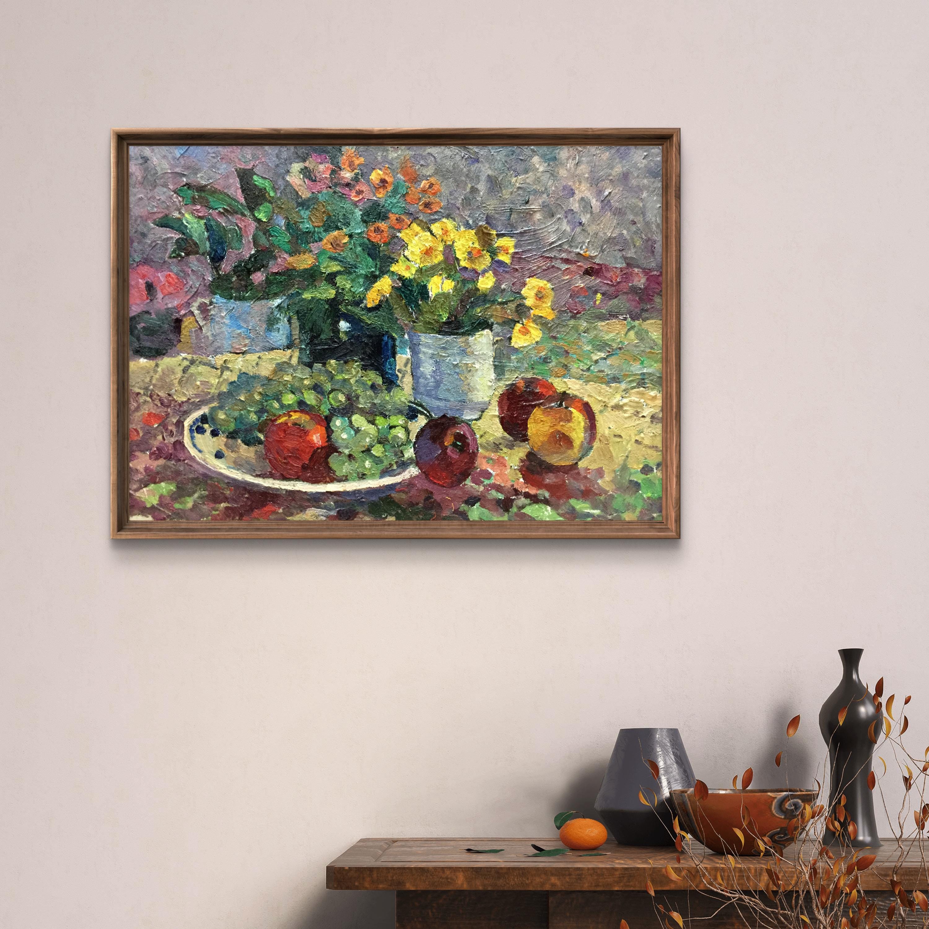油絵の静物画、オリジナル、段ボールの油絵、花瓶と皿のある静物画