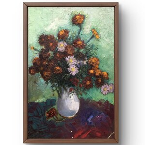 Pintura a óleo natureza morta original, pintura a óleo sobre papelão, natureza morta com um buquê de flores em um vaso branco, arte feita à mão, sem moldura