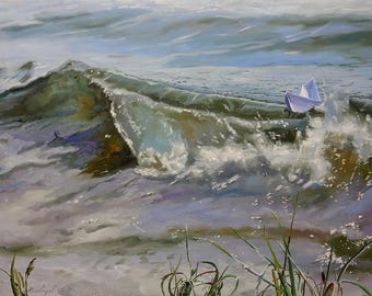 Landscape Painting Print, Seascape, Summer Scenery, Ocean Waves, Contemporary Oil Art, Ship, Original Poster