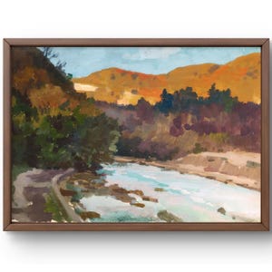 Dipinto a guazzo paesaggio originale, dipinto su carta, paesaggio autunnale, arte fatta a mano, natura, senza cornice, paesaggio fluviale, arte murale
