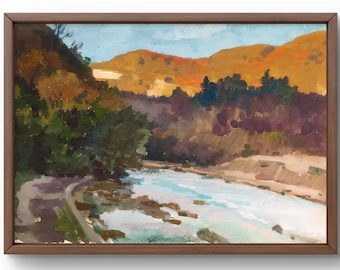 Gouache painting landscape original, painting on paper, autumn landscape, handmade art, nature, unframed, river landscape, wall art
