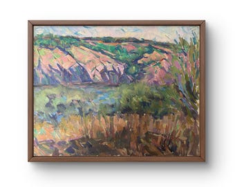 Oil painting landscape original, oil painting on cardboard, bright mountain landscape with rich colors, handmade art, unframed, wall art