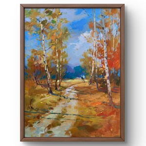 Pintura al óleo paisaje original, pintura sobre cartón, paisaje otoñal, arte hecho a mano, naturaleza, sin marco, bosque amarillo, arte de pared