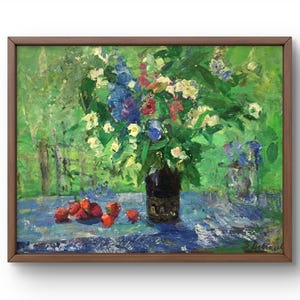Pintura al óleo naturaleza muerta original, pintura al óleo sobre cartón, ramo brillante de flores brillantes en un jarrón oscuro, arte hecho a mano, enmarcado