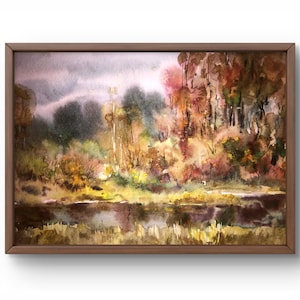 Pintura de acuarela paisaje original, pintura sobre cartón, paisaje de otoño, arte hecho a mano, naturaleza, sin marco, paisaje de estanque, arte de pared