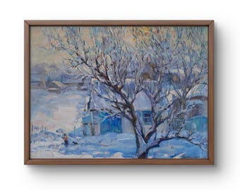 村の風景油絵 田舎道の冬景色 雪の降る夜 紫の夕日 穏やかなオリジナル
