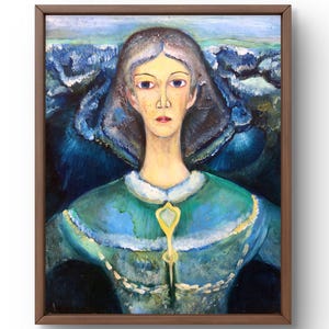 Pintura al óleo abstracta original, pintura al óleo sobre cartón, retrato de una niña, tonos azul verdosos, arte hecho a mano, sin marco, arte de pared
