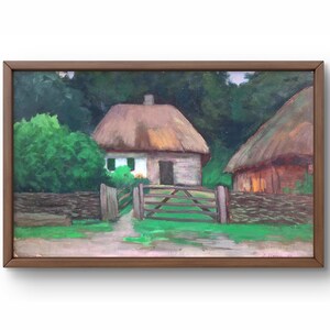 Pintura guache paisagem original, pintura guache sobre papelão, duas cabanas de aldeia com telhados de palha, arte artesanal, sem moldura, arte de parede