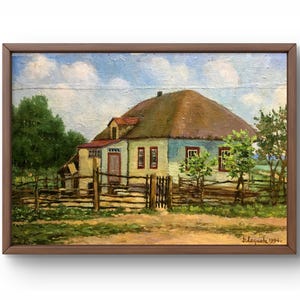 Pintura al óleo paisaje original, pintura sobre cartón, paisaje de pueblo, arte hecho a mano, naturaleza, sin marco, paisaje de casa, arte de pared