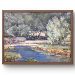 Oil painting landscape original, oil painting on canvas, picturesque river bank, trees and bushes, pastel colors, handmade art, unframed