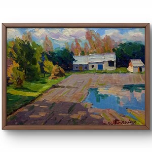Pintura a óleo paisagem original, pintura a óleo sobre papelão, paisagem rural pacífica com casas charmosas, arte feita à mão, sem moldura, arte de parede