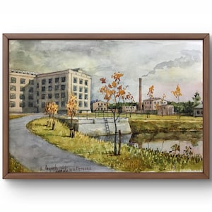 Pintura de acuarela paisaje original, pintura sobre cartón, paisaje de ciudad, arte hecho a mano, naturaleza, sin marco, paisaje de otoño, arte de pared