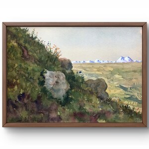 Pintura de acuarela paisaje original, pintura sobre cartón, paisaje de montañas, arte hecho a mano, naturaleza, sin marco, paisaje de verano, arte de pared
