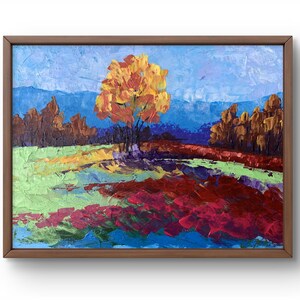 Pintura al óleo paisaje original, pintura sobre cartón, paisaje de árboles, arte hecho a mano, naturaleza, sin marco, paisaje de prados, arte de pared