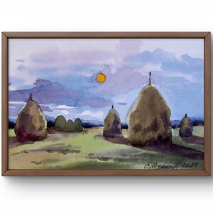 Dipinto ad acquerello paesaggio originale, dipinto su carta, paesaggio di pagliai, arte fatta a mano, natura, senza cornice, paesaggio di campo, arte murale