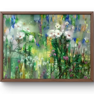Oil painting abstract original, oil painting on canvas, bright image of blooming white and purple flowers, handmade art, unframed, wall art