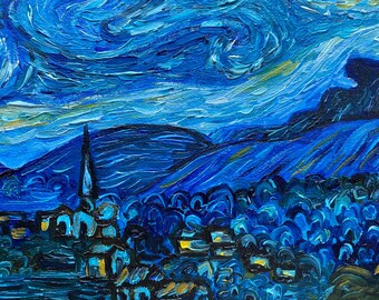 キャンバスに描かれた抽象的な夜景の油絵：ゴッホの月夜の複製 - Etsy 日本
