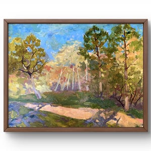 Pintura al óleo paisaje original, pintura sobre cartón, paisaje forestal, arte hecho a mano, naturaleza, sin marco, paisaje de otoño, arte de pared
