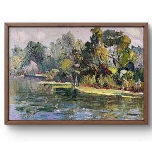 Pintura a óleo paisagem original, pintura a óleo sobre papelão, capturou uma paisagem calma na margem do rio, arte feita à mão, sem moldura, arte de parede