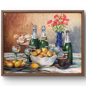 Pintura de acuarela naturaleza muerta original, pintura de acuarela sobre cartón, mesa festiva con botellas de champán, arte hecho a mano, sin marco