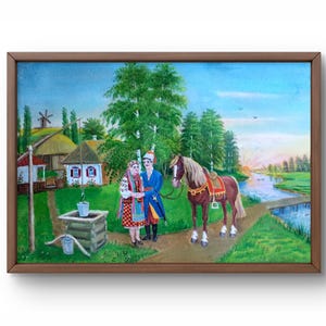 Pintura al óleo original de paisaje, pintura al óleo sobre cartón, pueblo tradicional ucraniano, pareja con trajes nacionales, arte hecho a mano
