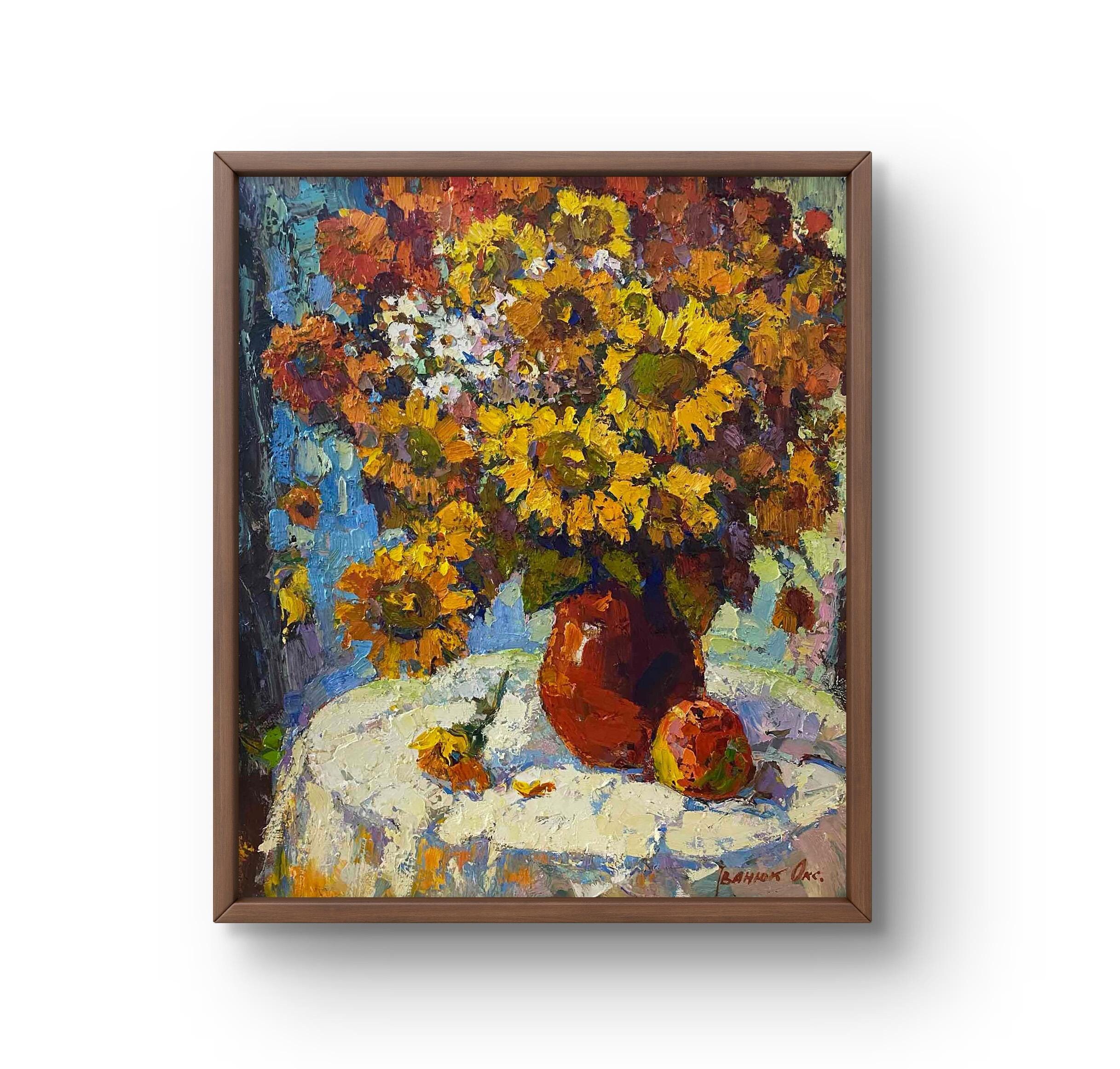 油絵 静物画 キャンバスに描かれたオリジナルの油絵 夏の黄色い