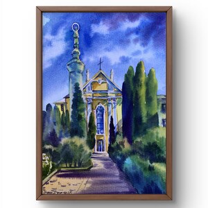 Acquerello dipinto paesaggio originale, dipinto su carta, paesaggio religioso, arte fatta a mano, natura, senza cornice, paesaggio di edifici, arte murale