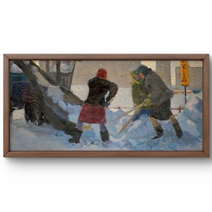 Pintura a óleo realismo social original, pintura a óleo sobre papelão, mulheres limpando neve no quintal, arte feita à mão, sem moldura, arte de parede