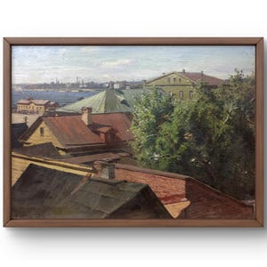 Pintura a óleo paisagem original, pintura a óleo sobre papelão, vista dos telhados dos edifícios da cidade de cima, com árvores verdes, arte feita à mão