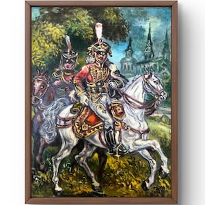 Retrato pintado al óleo original, pintura sobre cartón, retrato de oficial, arte hecho a mano, naturaleza, sin marco, retrato de caballos, arte de pared