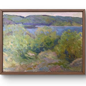 Pintura al óleo paisaje original, pintura sobre cartón, paisaje de río, arte hecho a mano, naturaleza, sin marco, paisaje de árboles, arte de pared