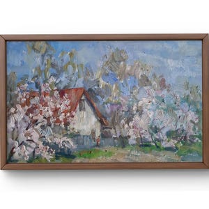 Pintura al óleo paisaje original, pintura al óleo sobre cartón, escena primaveral con casa rodeada de árboles en flor, arte hecho a mano, sin marco