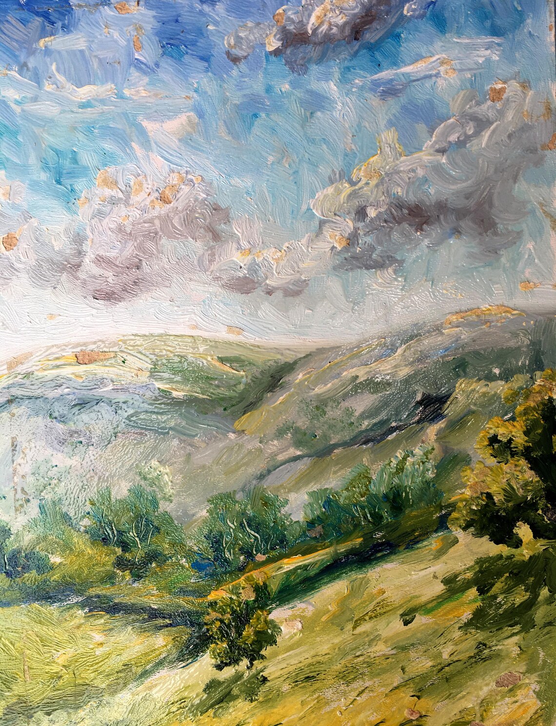 Oil Painting Landscape Original, Painting on Cardboard, Hill Landscape