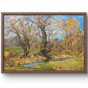 Pintura a óleo paisagem original, pintura a óleo sobre papelão, outono dourado, árvores perto de um riacho, céu azul, arte feita à mão, sem moldura, arte de parede