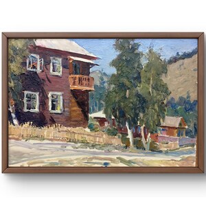 Pintura al óleo paisaje original, pintura al óleo sobre cartón, casa de pueblo con balcón rodeada de árboles verdes, arte hecho a mano, sin marco