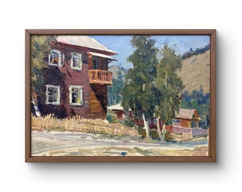 May include: A painting of a red wooden house with a balcony and a white roof. The house is surrounded by trees and a hill in the background. The painting is done in a realistic style with oil paints.